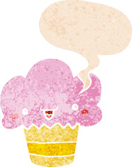 cartoon cupcake with face and speech bubble in retro textured style