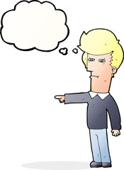 cartoon man blaming with thought bubble