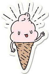 sticker of tattoo style ice cream character waving