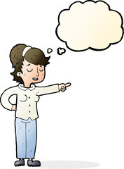 cartoon friendly woman pointing with thought bubble