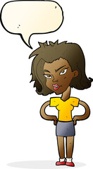 cartoon woman with hands on hips with speech bubble