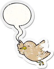 cartoon bird flying and speech bubble distressed sticker