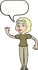 cartoon pilot woman waving with speech bubble