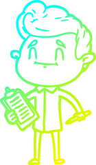 cold gradient line drawing happy cartoon man with pen and clipboard