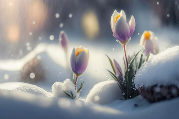 First spring flowers. Blooming purple crocus flowers covered snow with blurry bokeh and sparkling detail. Ai generated art