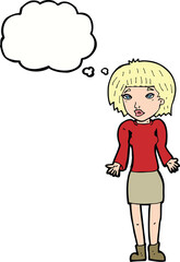 cartoon woman shrugging shoulders with thought bubble
