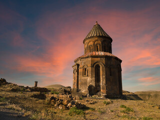 Historic church of Saint Gregory of Abumarents at sunrise time. Old Armenian city of Ani, a UNESCO World Heritage Site located. Turkey's most important travel destinations. Kars province, Turkey 
