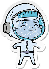 distressed sticker of a happy cartoon astronaut