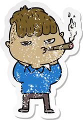 distressed sticker of a cartoon man smoking