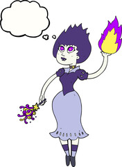 thought bubble cartoon vampire girl casting fireball