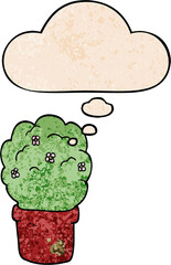 cartoon shrub and thought bubble in grunge texture pattern style