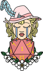 crying elf bard character with natural one D20 roll illustration