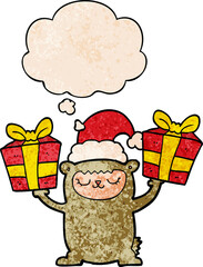 cartoon christmas bear and thought bubble in grunge texture pattern style