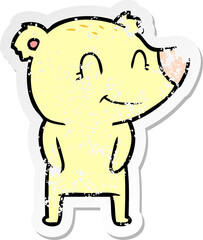 distressed sticker of a friendly bear cartoon