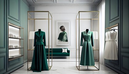 ファッション性の高い婦人服とアクセサリー、店内のファッション高級エレガンス服、生成AI、ショッピングモールの服, generative ai