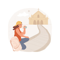 On the way to a holy place isolated cartoon vector illustration. Exhausted and tired young woman resting when going to a holy place, religious pilgrimage, Christian rituals vector cartoon.