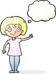 cartoon happy woman pointing with thought bubble