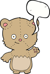 cartoon teddy bear waving with speech bubble