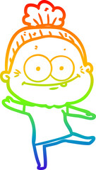 rainbow gradient line drawing cartoon happy old woman