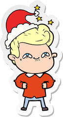 sticker cartoon of a excited man wearing santa hat