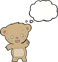 cartoon waving teddy bear with thought bubble