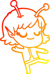 warm gradient line drawing smiling alien girl cartoon