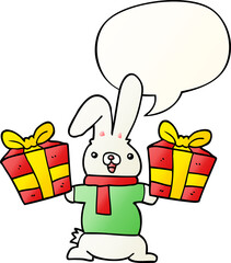 cartoon rabbit and christmas presents and speech bubble in smooth gradient style