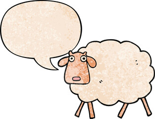cartoon sheep and speech bubble in retro texture style