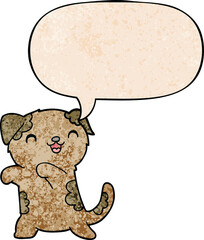 cute cartoon puppy and speech bubble in retro texture style