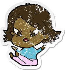 distressed sticker of a cartoon stressed woman