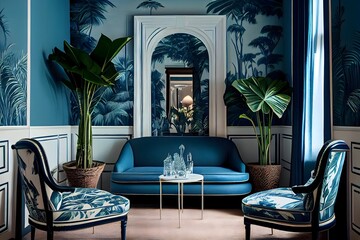 Hotel living room with classic tropical plant wallpaper, tropical interior design, generative ai, blue and white as the Color of the Year for both the living and internal spaces.