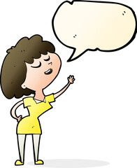 cartoon happy woman about to speak with speech bubble