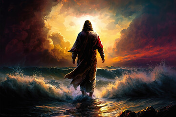 The figure of Jesus walks on water on a beautiful dramatic sunset  background. Biblical theme concept. generative ai