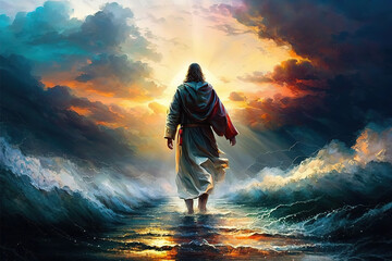The figure of Jesus walks on water on a beautiful dramatic sunset  background, easter, generative ai
