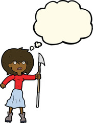 cartoon woman with harpoon with thought bubble