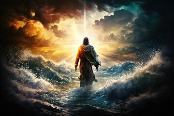 The figure of Jesus walks on water on a beautiful dramatic sunset  background. generative ai