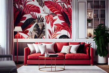 Hotel living room with classic tropical plant wallpaper, tropical interior design, generative ai, red and white as the Color of the Year for both the living and internal spaces.