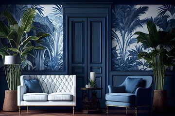 Fototapeta na wymiar Hotel living room with classic tropical plant wallpaper, tropical interior design, generative ai, blue and white as the Color of the Year for both the living and internal spaces.