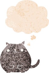 cartoon cat and thought bubble in retro textured style