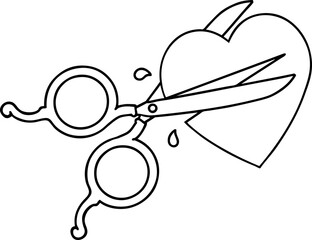 black line tattoo of scissors cutting a heart