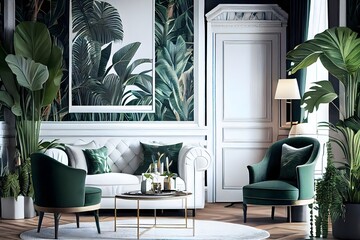 Hotel living room with classic tropical plant wallpaper, tropical interior design, generative ai, and white as the Color of the Year for both the living and internal spaces.