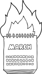 black and white cartoon march calendar