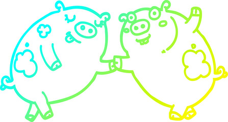 cold gradient line drawing cartoon pigs dancing