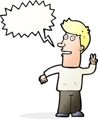 cartoon man making peace sign with speech bubble