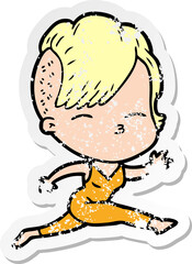 distressed sticker of a cartoon girl leaping