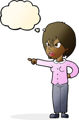 cartoon woman accusing with thought bubble