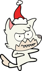 line drawing of a grinning fox wearing santa hat