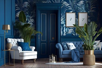 Hotel living room with classic tropical plant wallpaper, tropical interior design, generative ai, blue and white as the Color of the Year for both the living and internal spaces.