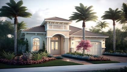 Real estate, beautiful house with garage, palms, white and grey colors