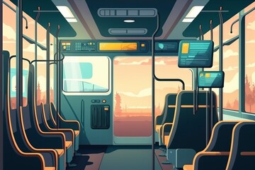 cartoon illustration, empty bus interior, ai generative
